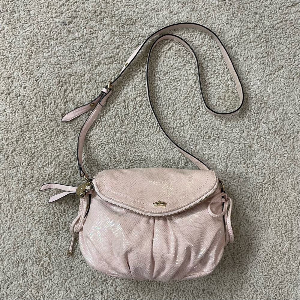 JUICY COUTURE Shimmery Baby Pink GRETA FLAP Snake Embossed PURSE Designer BAG